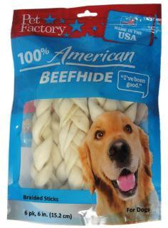 Pet Factory 6 Pk 6e USA Beefhide Braided Sticks